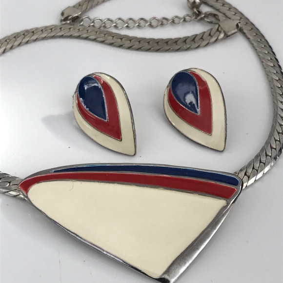 VINTAGE MCM MODERNIST ENAMEL JEWELRY SET SERPENTINE NECKLACE EARRINGS - Picture 4 of 10